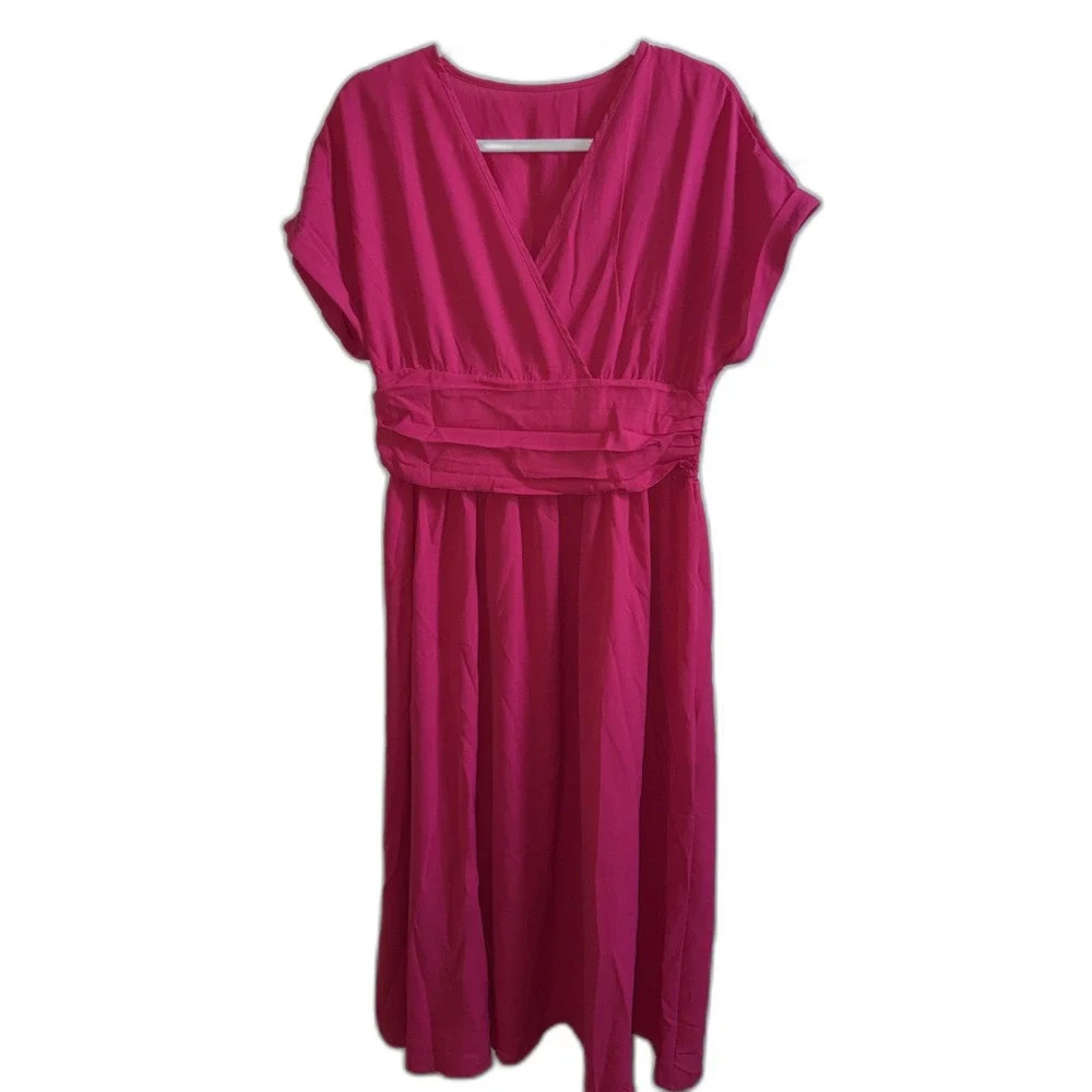 Hot Pink V-Neck Faux Wrap Maxi Dress Smocked Waist XL - Picture 1 of 7
